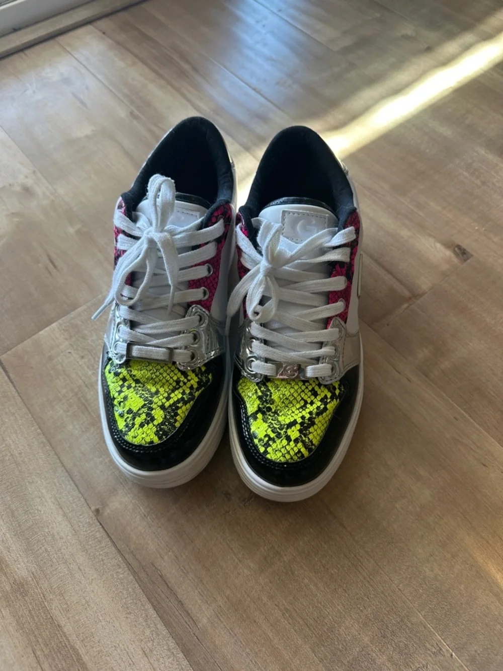 Guess White Platform Sneakers with Neon Pink and Neon Yellow Snakeskin Accents